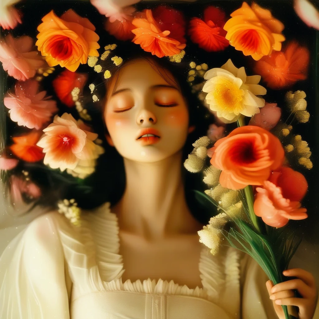 Rating_safe, solo, 1girl, flower, holding, holding flower, lying, on back, closed eyes, parted lips