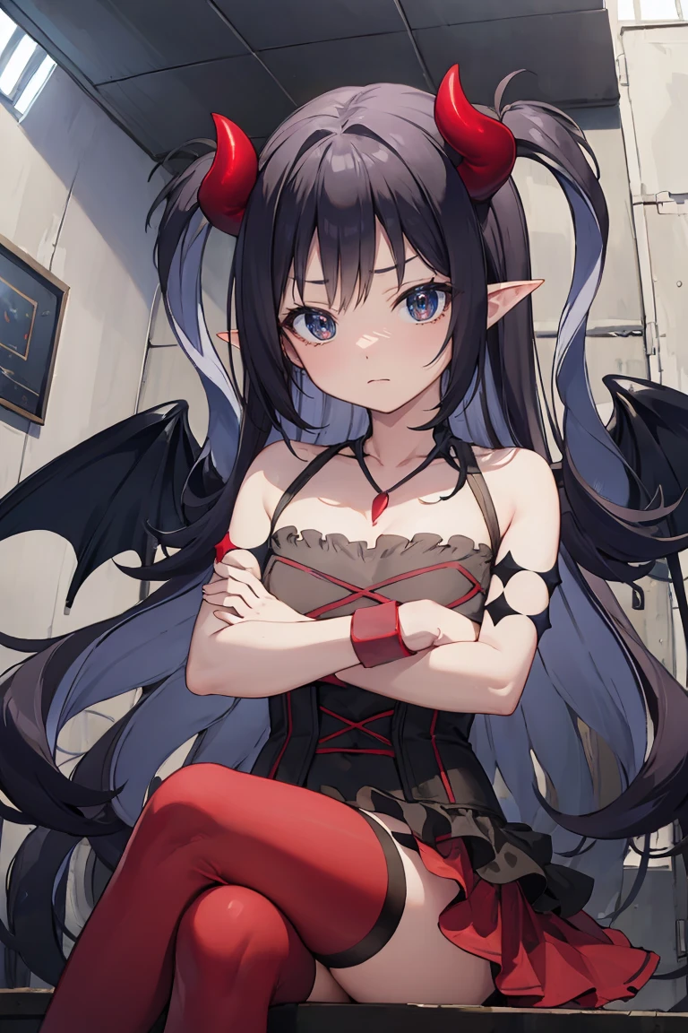 masterpiece, best quality, ultra-detailed, glistening shiny, glowing light, ray tracing, HDR, deph of field, (perfect face, detailed face), <lora:Lucelia:0.8>, lucelia, very long hair, flat chest, black eyes, frown, crossed arms, two side up, pointy ears, demon horns, demon wings , black dress, red skirt, layered dress, red thighhighs, necklace, armlets, wristbands, crossed legs, sitting