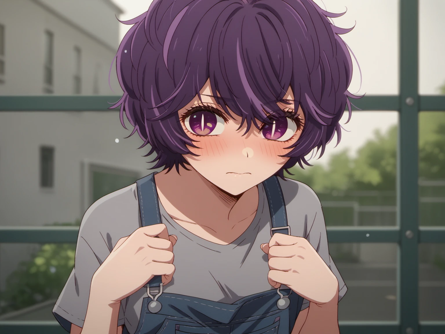 abikosamejima, 1girl, short hair, purple hair, purple eyes, messy hair, solo, looking at viewer, streaked hair,   petite, <lora:AbikoSamejima-e10:0.9>, score_10, score_9_up, score_8_up, blush, shy, overalls, shirt, grey shirt