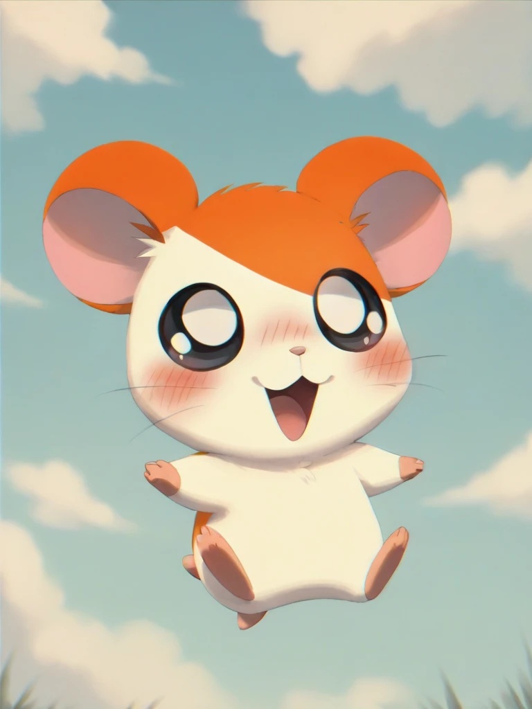 score_9, score_8_up, score_7_up, score_6_up, score_5_up, score_4_up, rating_safe, minimalist lineless art
 <lora:Hamtaro_SDXL:0.8>, Hamtaro, hamster, boy, Black eyes, fur in the ears, glare in the eyes, Beige body, orange spot on head, orange spot on side, orange ears, pink arms, pink legs, mouth open, gray highlights in the eyes, jumps, blushes