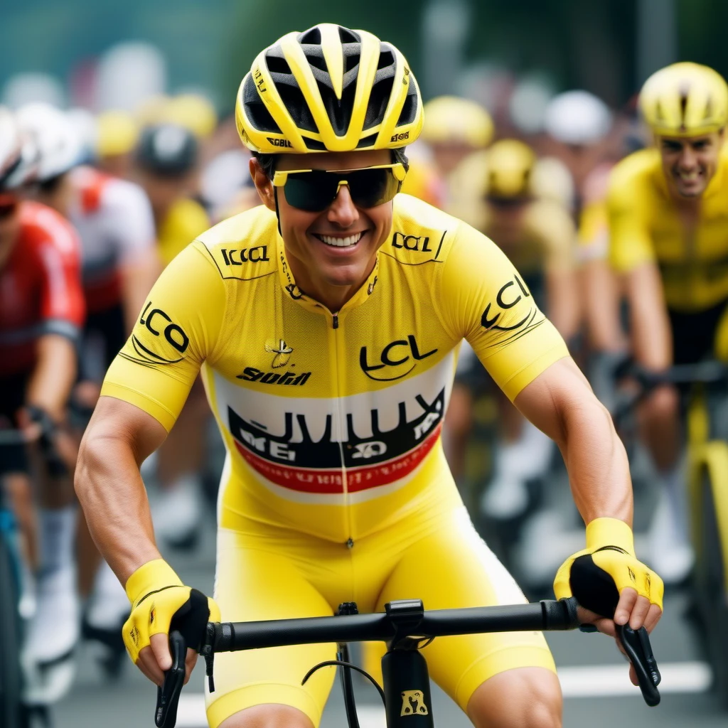 cinematic photo tom cruise, bicycle, helmet, bike shorts, yellow sportwears, arms up <lora:TourdeFrance1024:0.8> . 35mm photograph, film, bokeh, professional, 4k, highly detailed