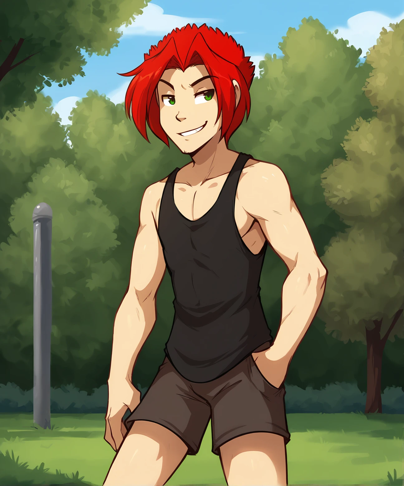 score_9, score_8_up, score_7_up,score_6_up,score_5_up
BREAK
solo, male human, flat chest, (seductive, smug), tank top, shorts, (outdoors, park)
BREAK
<lora:Red-Twokinds-SDXL-AnonTK-V1:0.8>, red-twokinds, human, green eyes, medium hair,