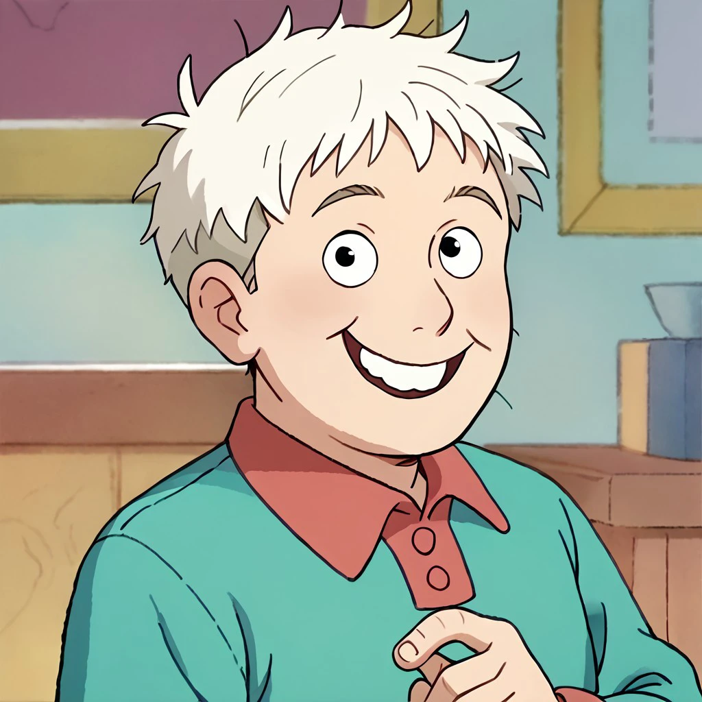 score_9, score_8_up, score_7_up BREAK BusterBax, 1boy, short white hair, black eyes, buckteeth, pink-collared cyan long-sleeved polo shirt, jeans, red white shoes, smiling, greeting the viewer, round-shape head,