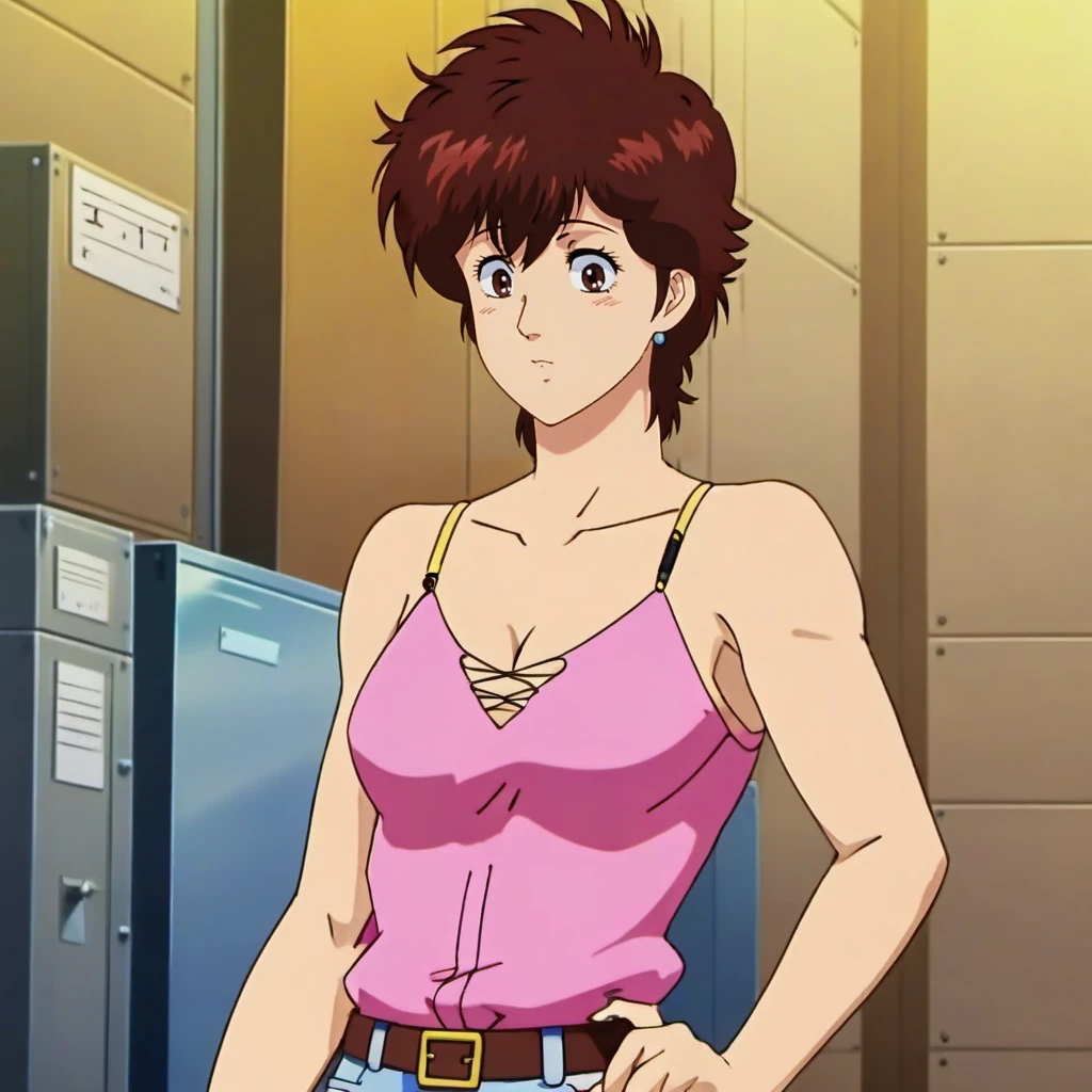 anime artwork full length body portrait of 1girl with brown pixie haircut, breast, cleavage, 80s clothing  <lora:KaoriMakimura1024:0.8> . anime style, key visual, vibrant, studio anime,  highly detailed