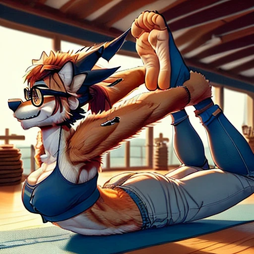 looking left, sharp teeth, orange fur, furry male, ponytail, soles, glasses, denim, female, on stomach, animation, capri pants, very short hair, nipples, PRACTICING YOGA