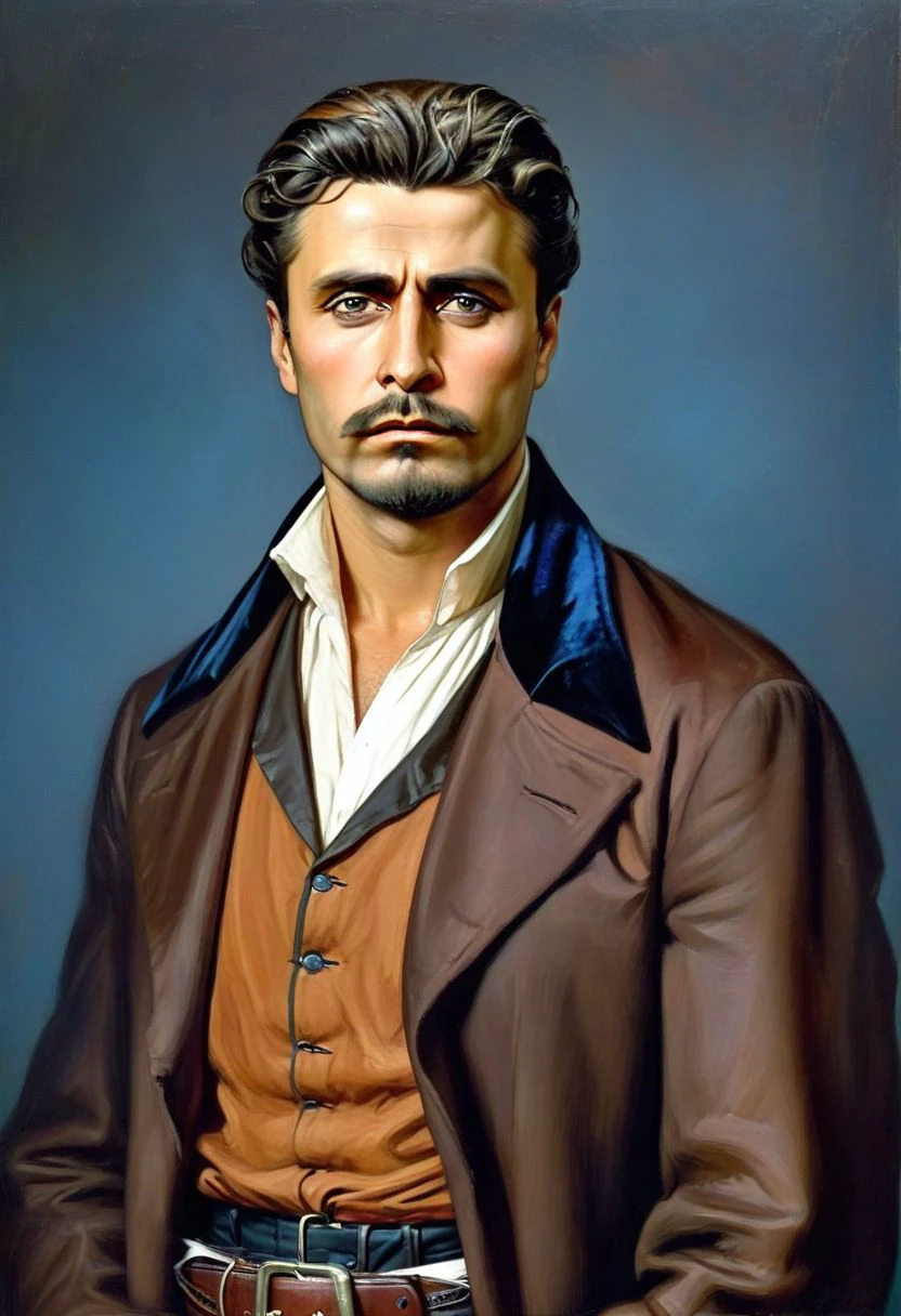 realistic high quality and ultra high resolution image depicting Vasil Levski 
Vasil Levski:
Age: 34 years
Height: About 170 cm
Build: Athletic, strong
Hair: Dark brown, short, with streaks of gray
Beard: Thick, brown, pointed
Eyes: (Blue, penetrating)
Face: Oval, with pronounced cheekbones and chin
Expression: Serious, determined, with a slight tinge of sadness
Clothing:
Dark brown velvet jacket with studs and belt
White high collar shirt
Black pants
Brown boots
Brown cap with feather
Additional details:
He carries a revolver in his belt
He has a bullet scar on his left cheek
He holds a roll of paper in his right hand
Emotion:
Courage
Determination
Patriotism
Self sacrifice