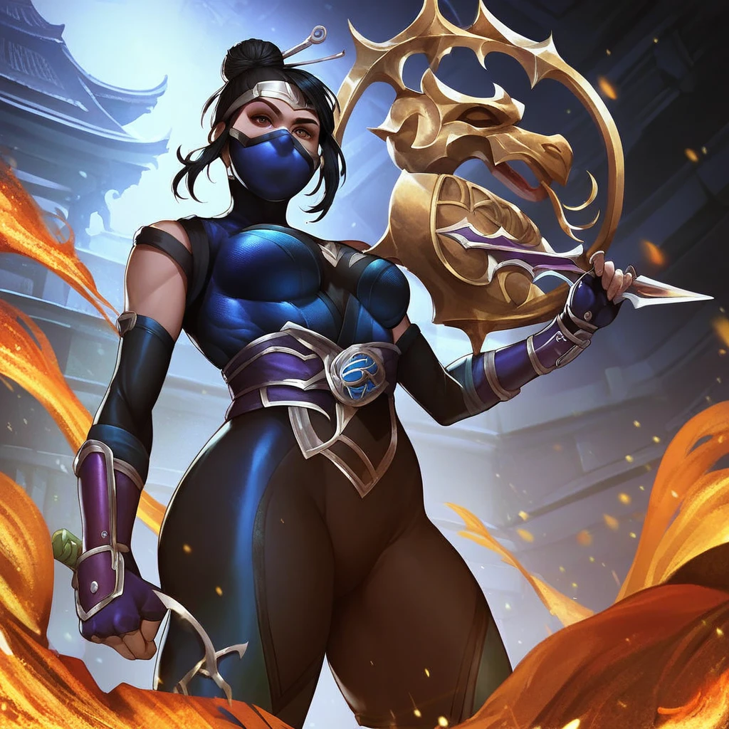 Mortal Kombat Style, 1girl, looking at viewer, large breasts, black hair, hair ornament, gloves, holding, medium breasts, weapon, solo focus, elbow gloves, fingerless gloves, hair bun, holding weapon, armor, bodysuit, mask, from below, single hair bun, fire, knife, skin tight, mouth mask, holding knife, ninja, kunai BREAK ,score_9, score_8_up, score_7_up, score_6_up, score_5_up, score_4_up,