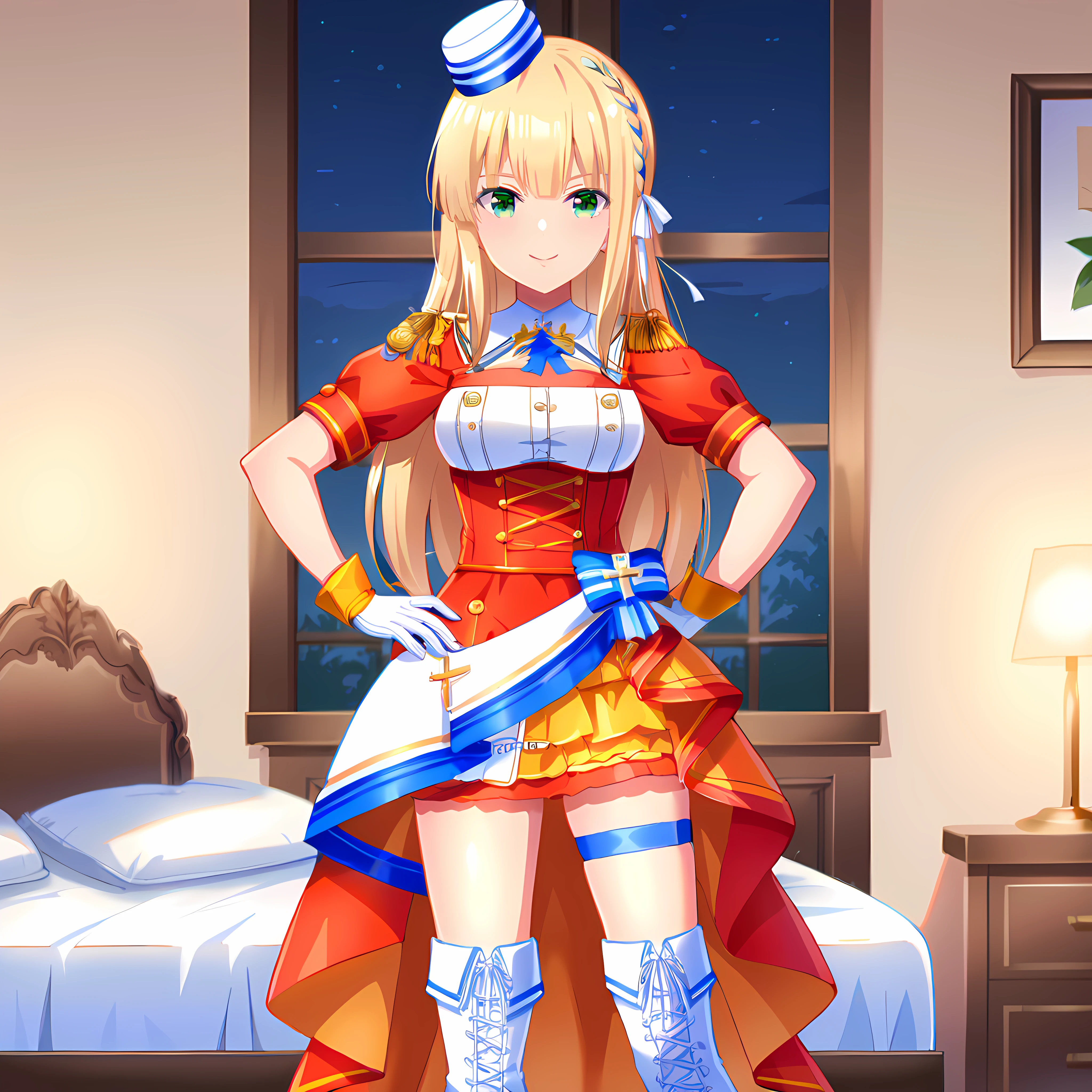 score_9,score_8,hotel room,night,
1girl, solo, ichinoserei2, smile, reibigf mini hat, reibigf dress, reibigf hair ribbon, reibigf gloves, reibigf thigh strap, reibigf cross-laced boots, hand on own hip, looking at viewer,