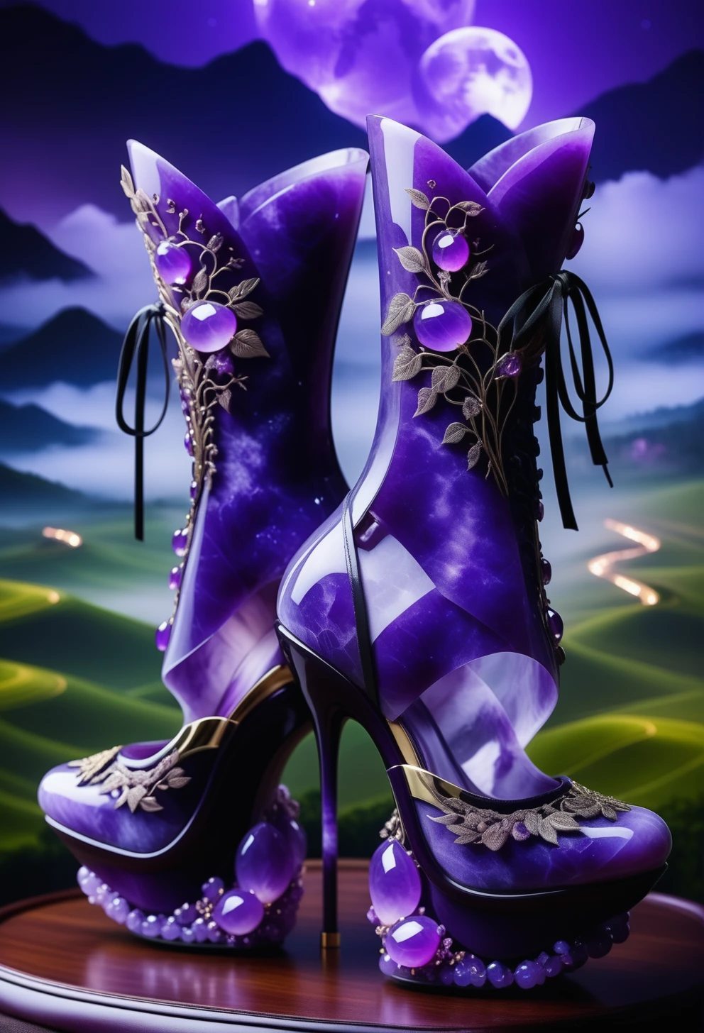 a pair of Haute Couture shoes made out of reij-prplmnjd <lora:purplemoonjade-000004:1>, Tattoo ink of a masterpiece, landscape of a Verdant Fields of the Harvest Festival, digital manipulation, flowing, highly decorated, intense, ambient atmosphere, stunning