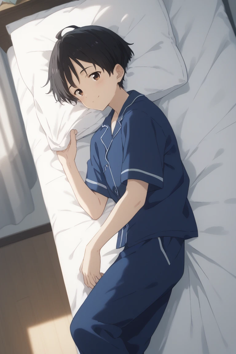 score_9, score_8_up, score_7_up, score_6_up, detailed, intricate details,best quality ,source_anime, cowboy shot, male focus
kazuhiko nukumizu, black hair, brown eyes,
full body, blushing expression, looking at viewer, lying on side on bed, detailed hands, detailed eyes, cinematic lighting, soft smile, white sheets, cozy atmosphere,pajamas, blue shirt, blue pants, close-up<lora:EMS-425199-EMS:1.000000>