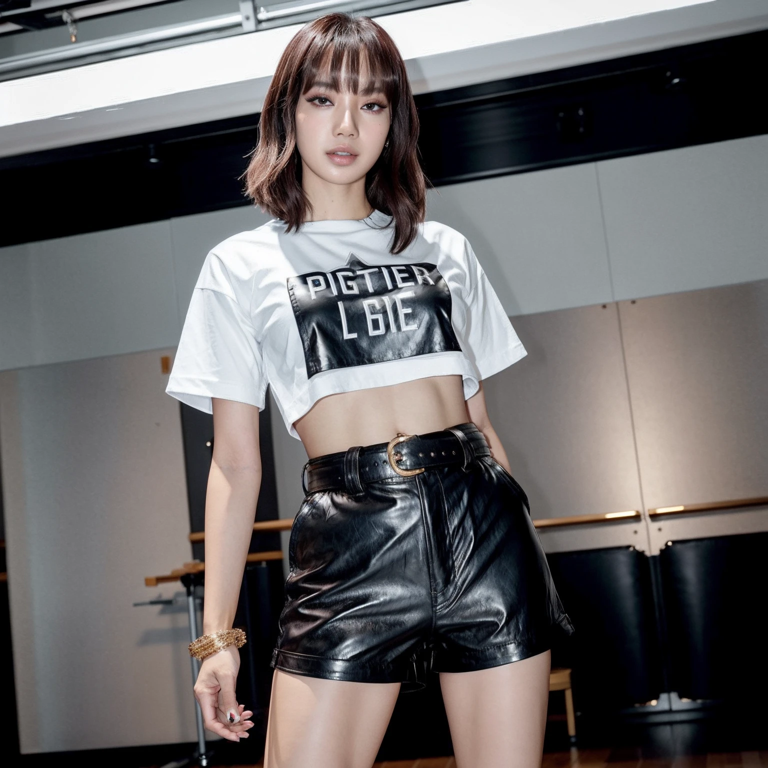 <lora:lisa epoch test:0.8> lisamanoban,full body, leather shorts,belt,t shirt,high heels,dance studio, real,realistic,photo realistic,real skin texture,looking at viewer