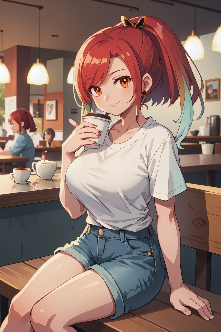 masterpiece, best quality, best quality, 1girl, solo, sitting, smile, closed mouth, <lora:SeresToB:0.9> seresToB, gradient hair, sidelocks, ponytail, hair ornament, t-shirt, large breasts, denim shorts, indoors, cafe, coffee