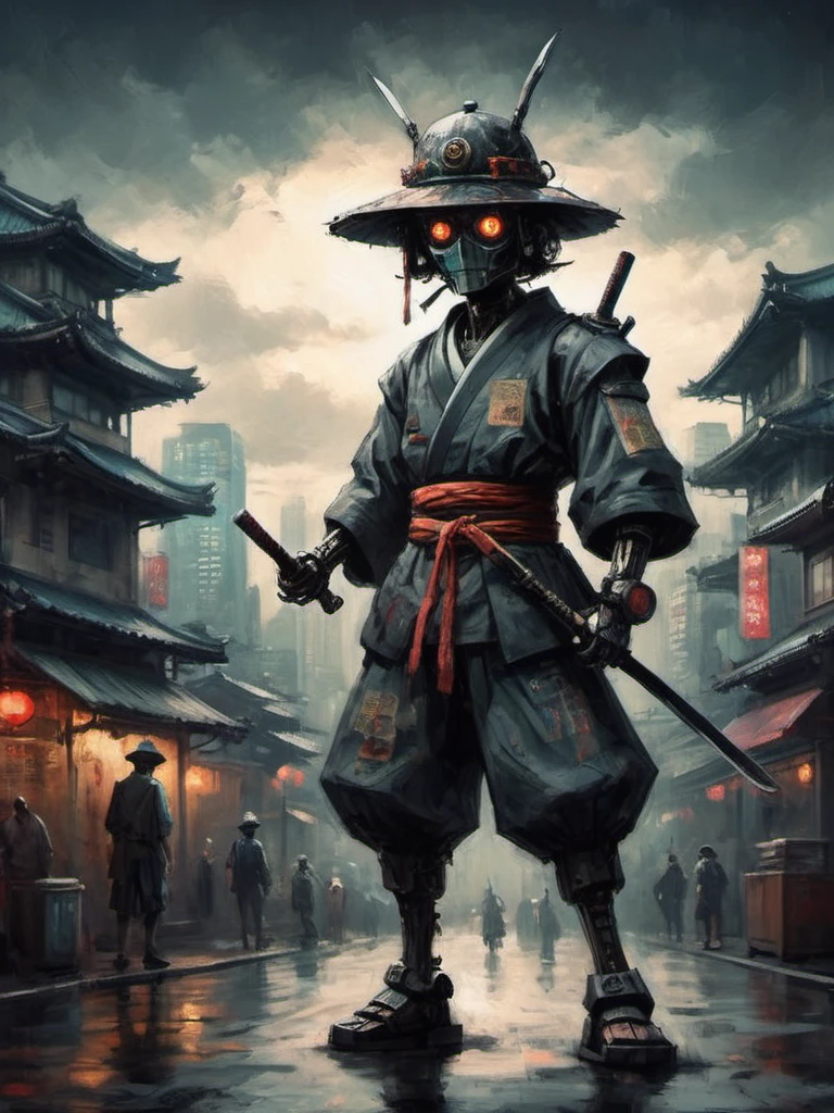 Horror themed Anime style, samurai (robot:1.3), wearing jingasa Japanese hat, full body, brandishing a sword, (dystopian cyberpunk Osaka city:1.5), Samurai Champloo Style, dramatic lighting, trending on art station, Science Fiction, digital art, digital composition <lora:drkkaw-V2_epoch_5:0.2>