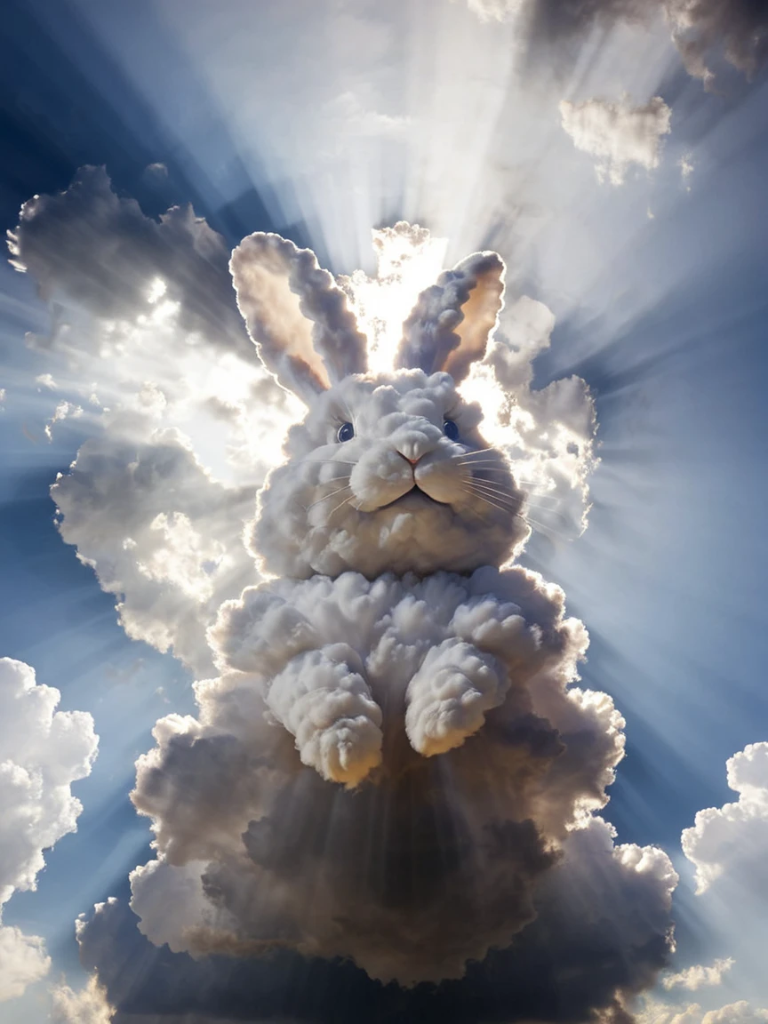 <lora:cloudsXL:1> rabbit made of clouds, cloud, sky, day, light rays,