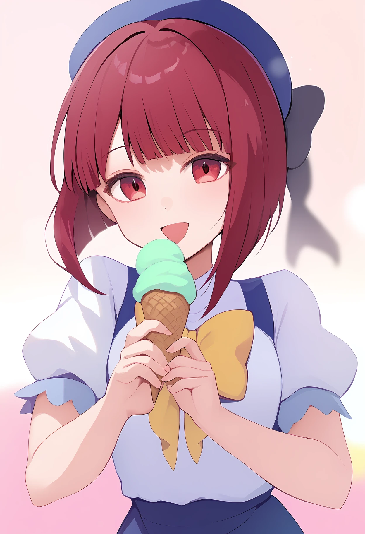 1girl,
arima kana,
bob cut, looking at viewer, inverted bob, food, sparkle, holding ice cream, open mouth, medium hair, blue headwear, shirt, hat, solo, blurry, beret, white shirt, short sleeves, ice cream, +_+, puffy short sleeves, depth of field, pinky out, yellow bow, red hair, ice cream cone, holding, puffy sleeves, holding food, soft serve, hat bow, :d, red eyes, bow, smile,
score_9, sfw
<lora:pony_char_arima_kana-000011:1>
