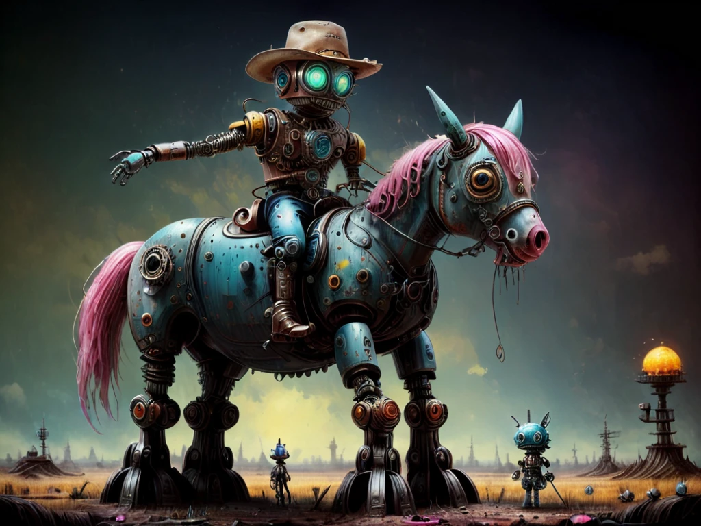 High quality macro photo of a retro cowboy robot, Riding a horse on the prairie, full body, (cowboy hat), hyper realistic, super detailed, Science Fiction, circuits, circuit, transistors, wires, trending on art station, kawaii, <lora:drkkaw-V2_epoch_5:1>