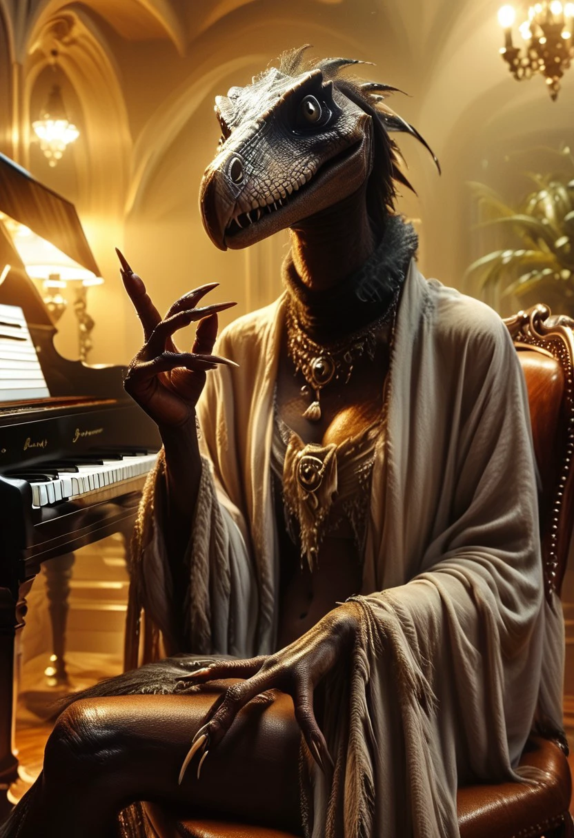 score_9, score_8_up, score_7_up, skeksis, solo, claws, no humans, jewelry, dark body, dark skin, realistic lighting, photo, photorealistic, portrait, (sitting on chair, playing piano with fingers:1.6), mansion interior, looking at viewer, singing