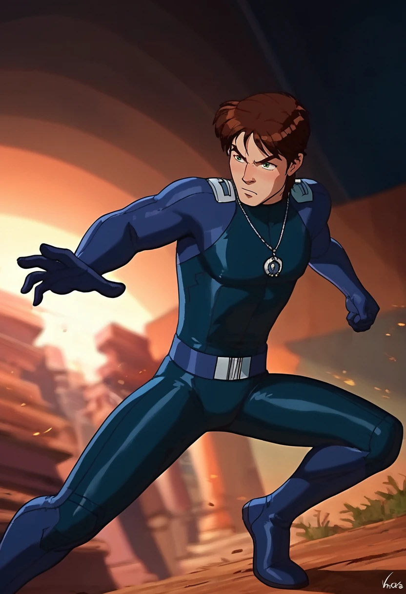 embedding:Pony\Positive\zPDXL2, score_9, score_8_up, score_7_up, 1boy, dean_ts!, brown hair, green eyes, bodysuit, dark blue catsuit, fighting stance, dynamic angle, dynamic pose, raised eyebrows, depth of field