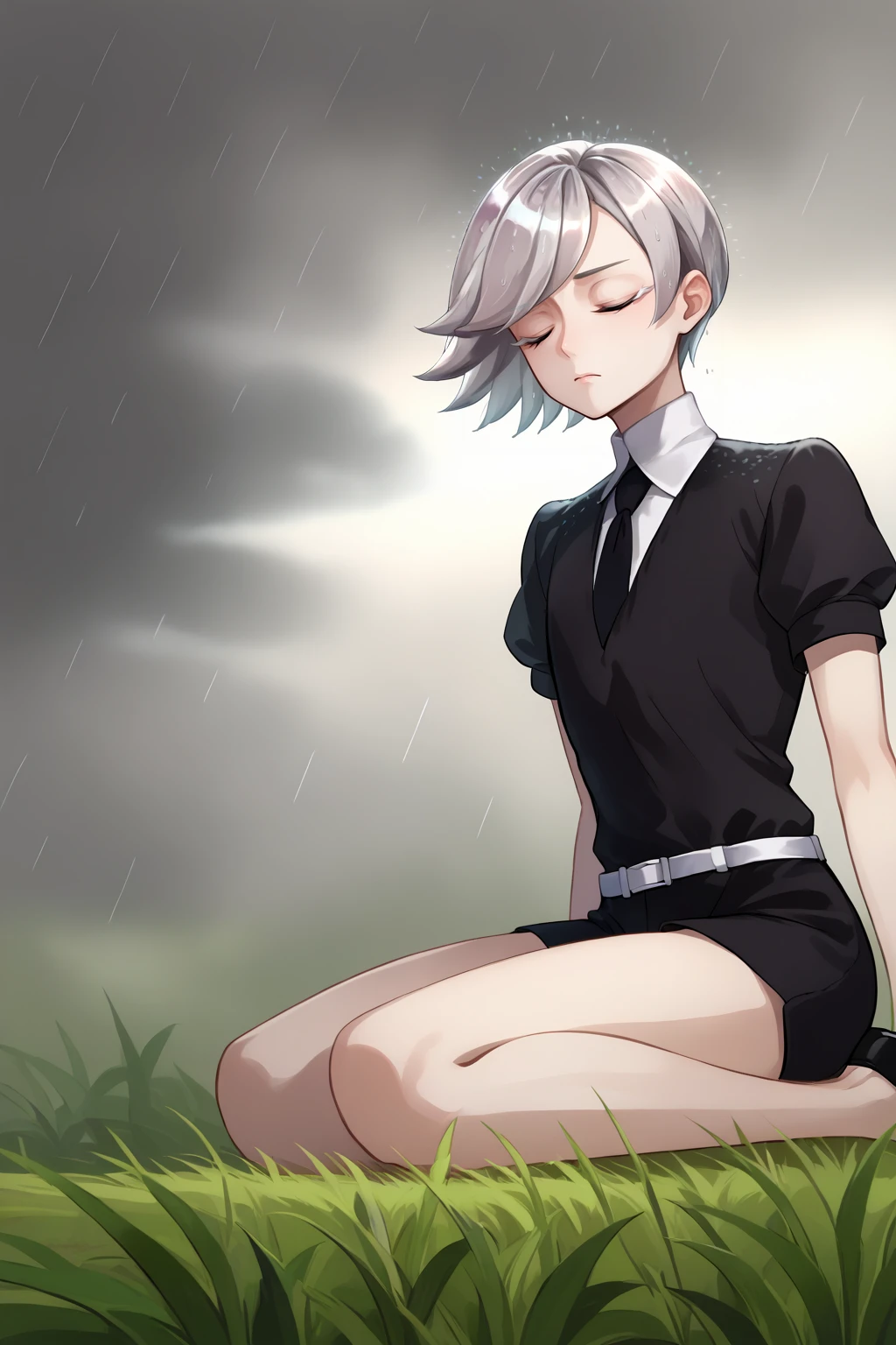 score_9, score_8_up, score_7_up, source_anime, from below, closed eyes, expressionless, hskgst, white skin, crystal hair, short hair, swept bangs, grey hair, grey eyes, colored eyelashes, black shirt, puffy short sleeves, collared shirt, black necktie, black shorts, white belt, black footwear, meditation, sitting, wariza, outdoors, overcast, grass, wind, rain, <lora:Hoseki_HousekiNoKuni_Goshenite_PDXL_v1:1>