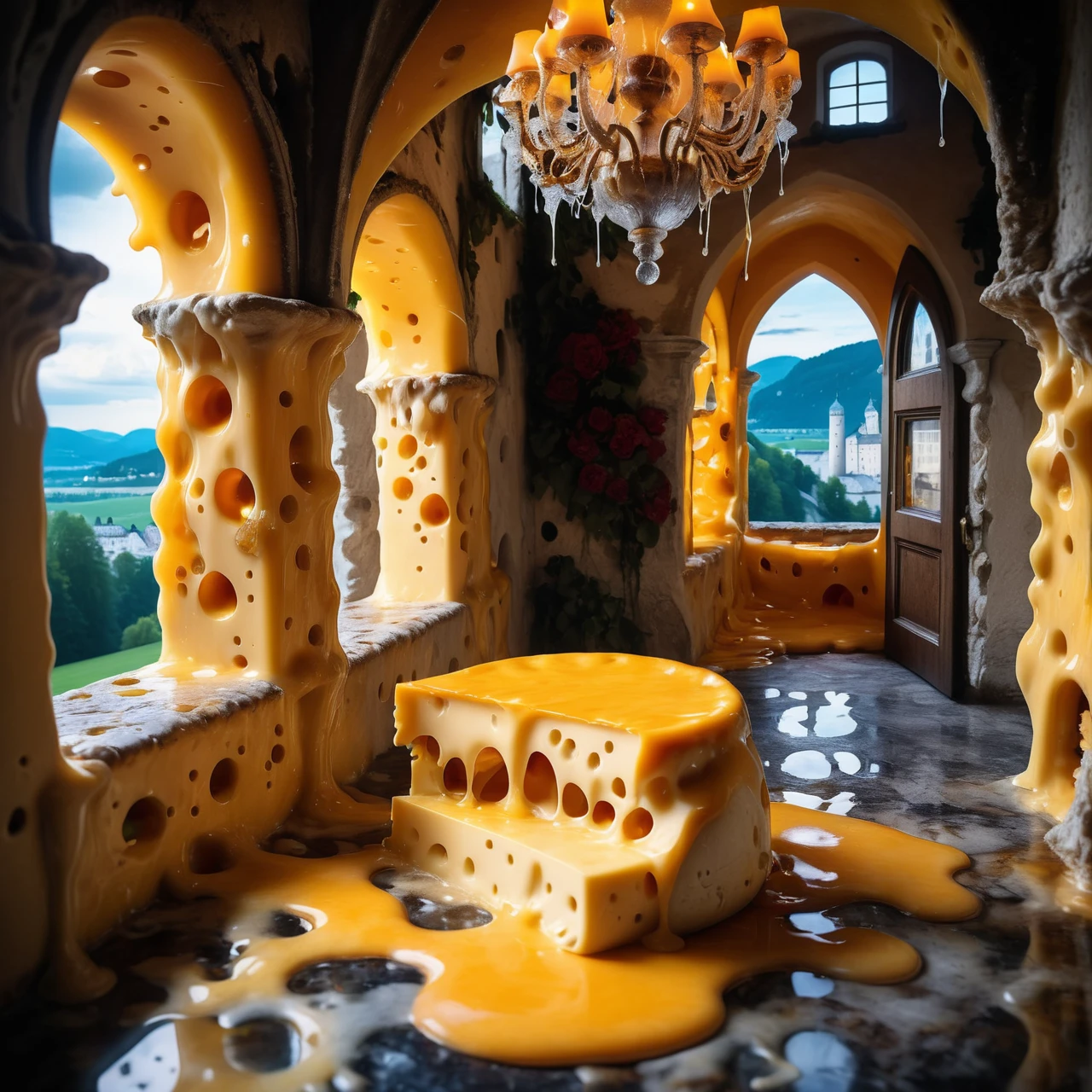 Jed-Drpgcese, masterpiece, full of details <lora:DrippingCheeseStyle-000006:0.8>, landscape of a Hohensalzburg Castle from inside of a Vacation home, Dystopian, unique, atmosphere, cinematic light, complex, colorful, detailed, elaborate, beautiful detailed