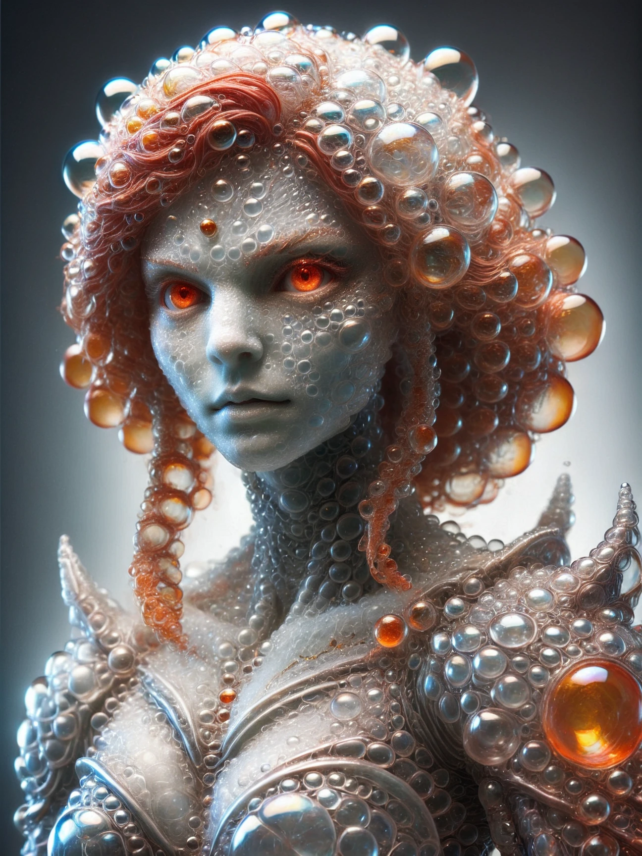 (Alien female:1.4), warrior, armored, metallic, fiery red hair, intense, eyes, (orange gem forehead), freckles, dark, background, ethereal, mysterious, fierce <lora:Bubbles_sdxl-000013:1> made_of_bubbles