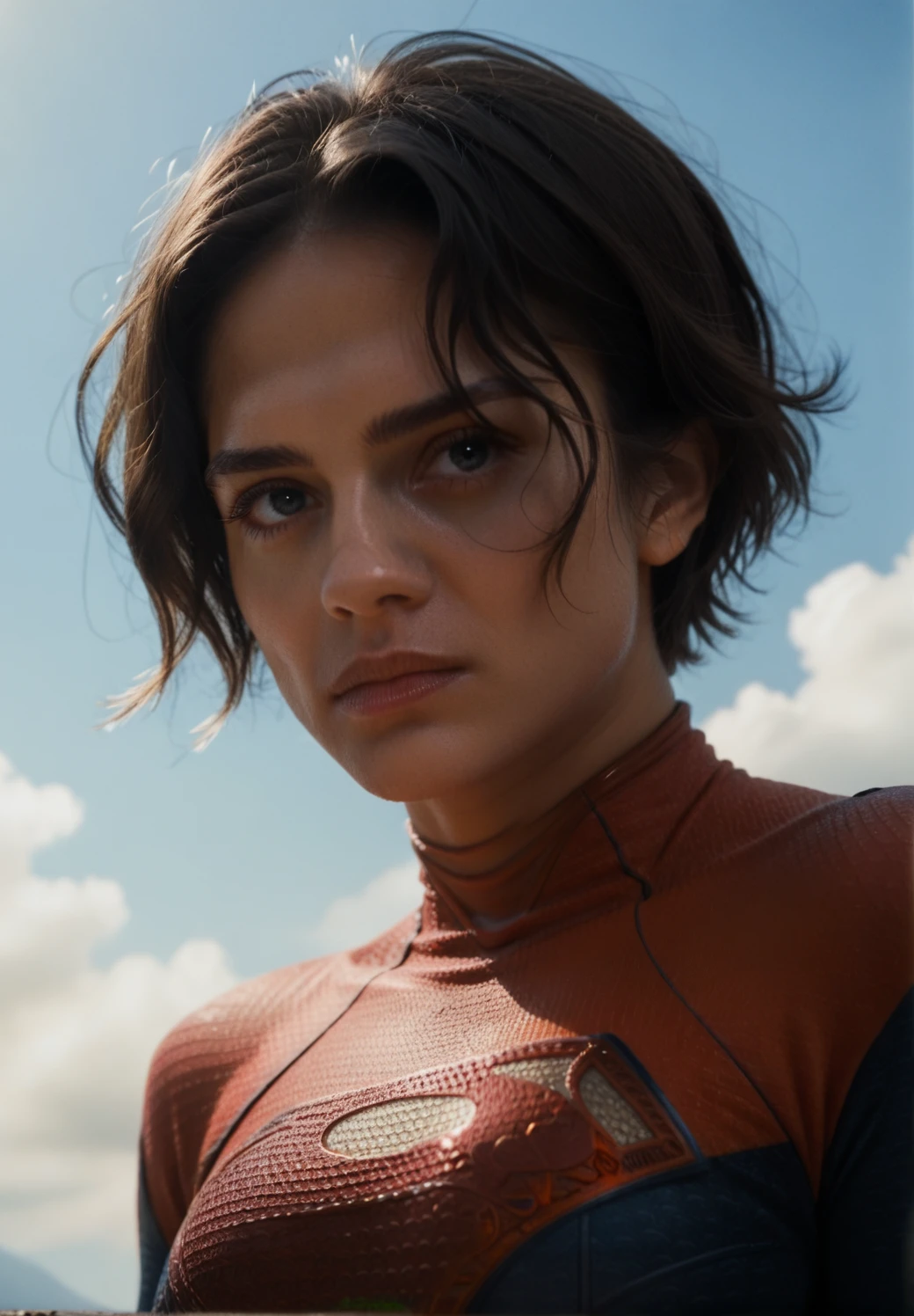 <lora:SupergirlThe_Flash:0.8> sup3rg1rl, 1girl,beautiful woman, portrait, sky background, bodysuit, solo, short hair, looking at the viewer, score_9, score_8_up, score_7_up, score_6_up