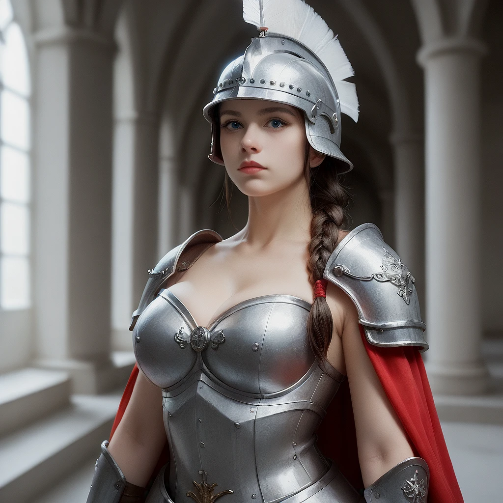 score_9,score_8_up,score_7_up,upper_body,
A female warrior,nobility,temperament,gorgeous,feminine_charmsexy,elegance,beautiful_eyes,braided ponytail,
with a spear,cape, bare stomach, huge breasts, tight armor,medieval helmets brave, fearless,
evening,inside the castle,edieval decorative style
