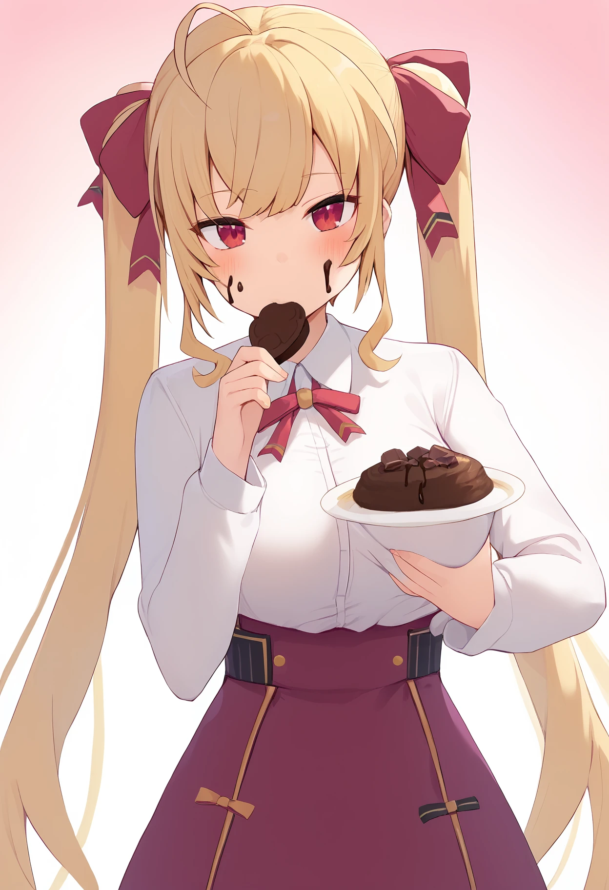 1girl,
takamiya rion,
virtual youtuber, looking at viewer, collared shirt, holding, pink ribbon, pink background, cowboy shot, blonde hair, red ribbon, heart, blush, sidelocks, holding food, standing, breasts, shirt, skirt, neck ribbon, eating, white shirt, long sleeves, dress shirt, solo, white background, very long hair, food on face, ribbon, red eyes, food, chocolate, long hair, purple skirt, gradient background, twintails, chocolate on face, ahoge, hair ribbon,
score_9, sfw
<lora:pony_char_takamiya_rion-000012:1>