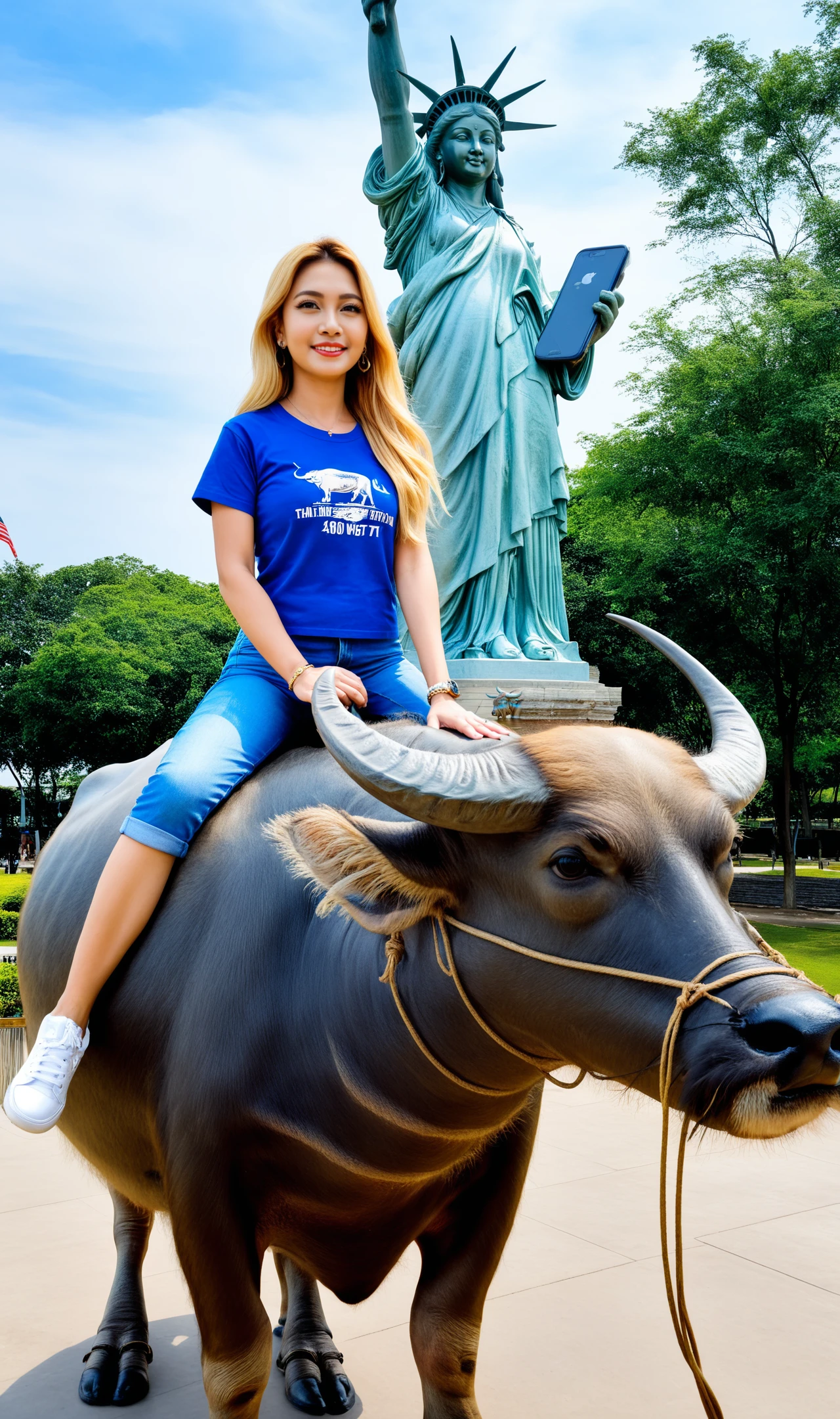 masterpiece,  realistic, official art,  Girl riding Thai Buffalo at Statue of Liberty, New York, 
1girl, 1animal, 40 years old, mature,  t-shirt, denim,  very long hair, blonde hair, 
animal,  (Thai Buffalo:1.1), <lora:SDXL_BTT_Ride_Thai_Buffalo_v01A:1.0>,SDXL_BTT_Ride_Thai_Buffalo_v01A,
outdoors, (Statue of Liberty:1.1),( New York:1.3),  <lora:HandFineTuning_XL:1>