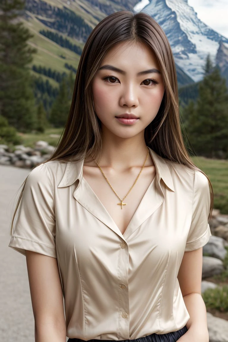 Asian woman, closeup, (shirt), pants, (yellowstone), cross necklace , KM_chantana, wide shoulders, perfect face, (contact iris: 1.1), pale skin, skin pores , depth of field