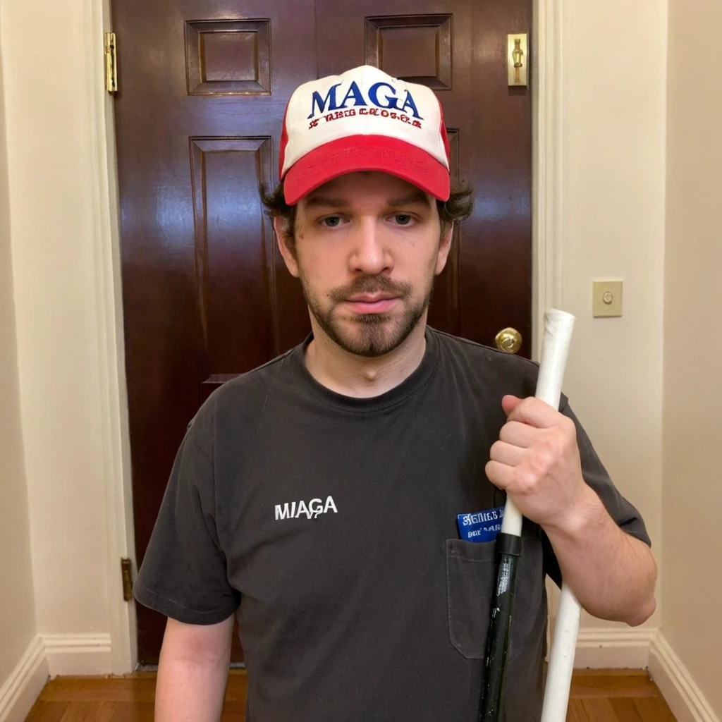 janitor,  cleaning white house, wearing  MAGA hat, <lora:XL_destiny_v1:1>, seethingsteven, facial hair,