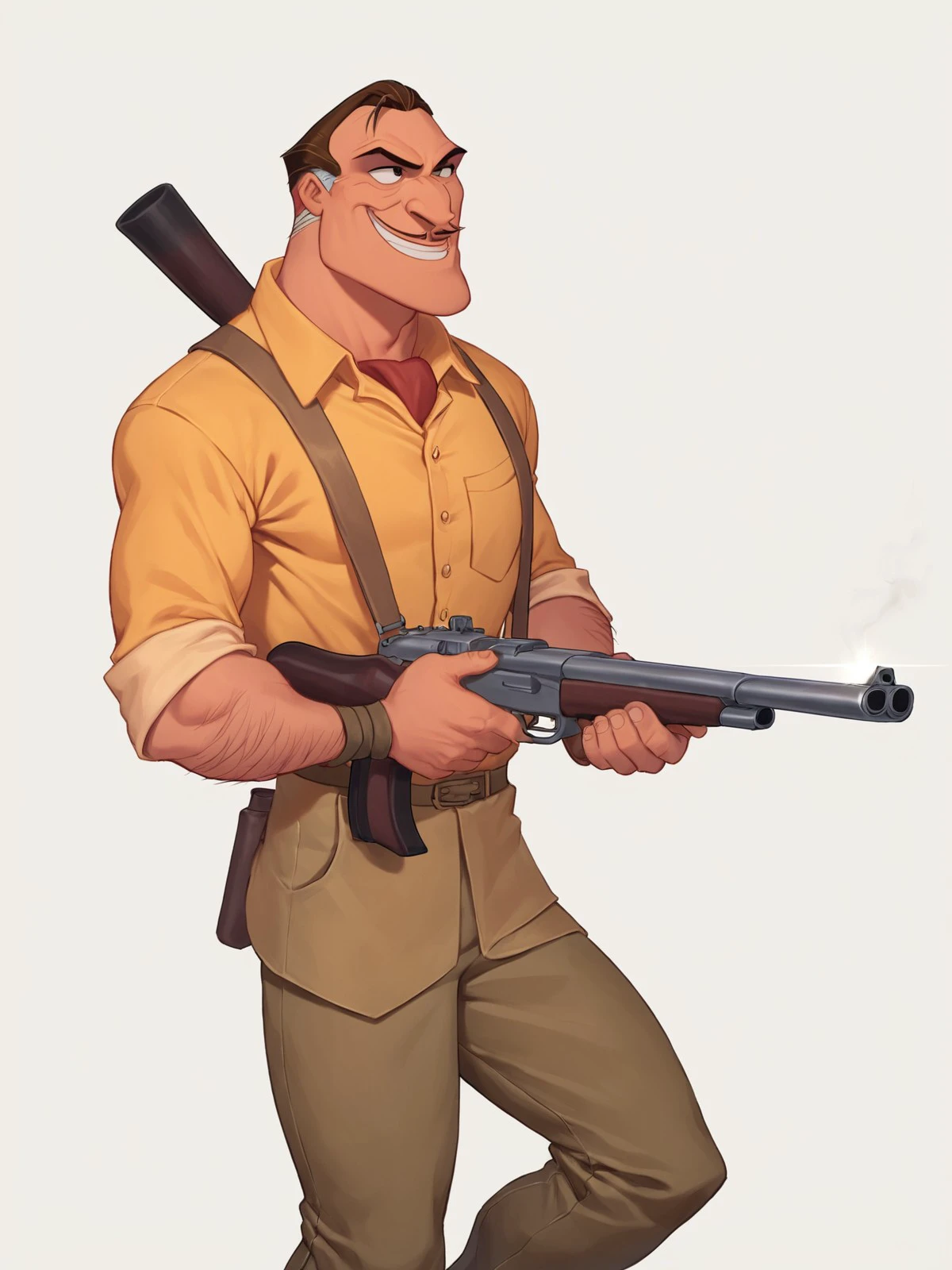 score_9,score_8,score_7,source_anime
<solo:1.5>,
<1boy:1.5>,
clayton_tarzan, clayton_hunter, human, male, 1boy, male focus, solo, weapon, gun, holding, holding weapon, suspenders, smile, holding gun, shirt, pants, facial hair, grin, old, teeth, yellow shirt, short hair,
<white background:1.5>,
<simple background:1.5>, 
<lora:Clayton_Tarzan:1> clayton_tarzan