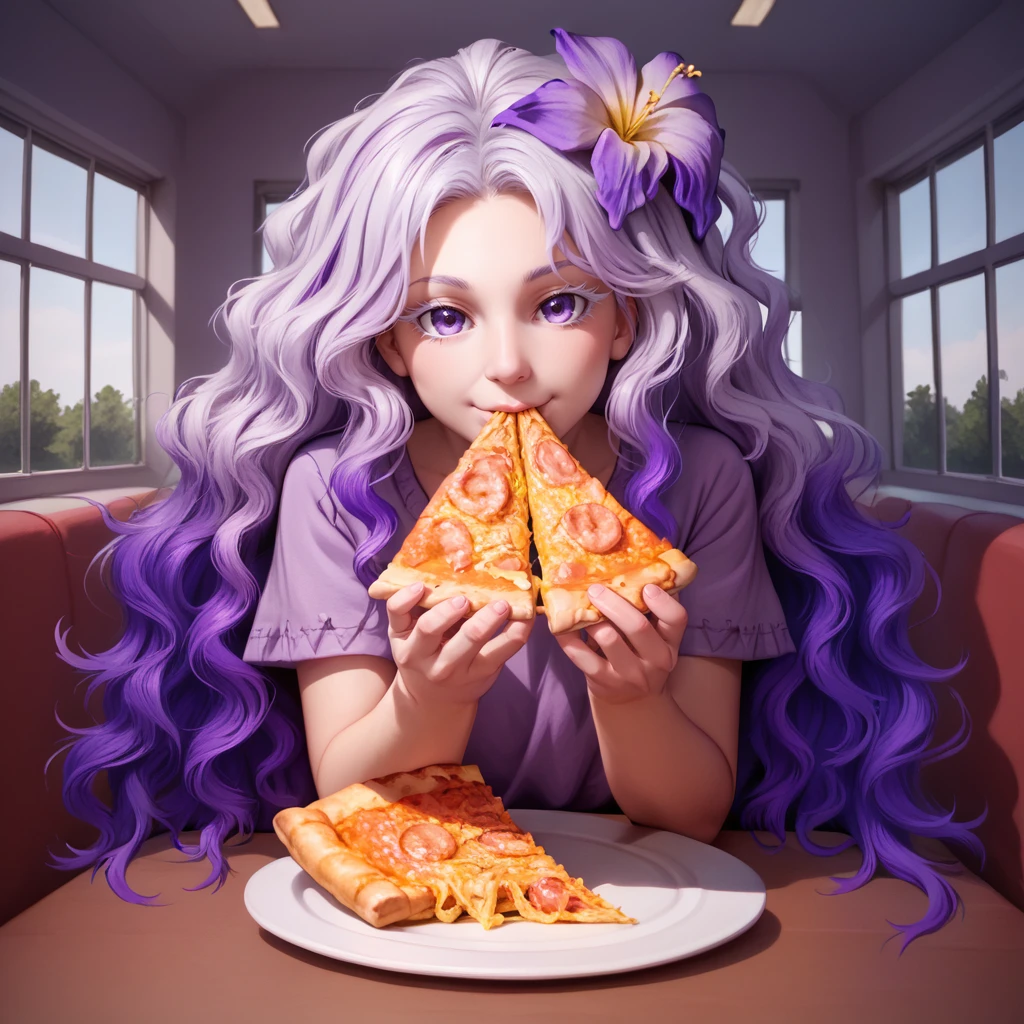 1girl,solo,<lora:St Trina:1>,st. trina,dryad,purple tree,monster girl,white hair,purple hair,multicolored hair,wavy hair,white eyelashes,purple eyes,smile,purple robe,short sleeves,root leg,flower,flower in hair,
looking at viewer,<lora:eating_slice_of_pizza:1>,hud_e4ting,holding pizza slice,holding food,eating,indoors,restraint,diner,plate,napkin,table,pizza in hand,closed mouth,pizza in mouth,, score_9, score_8_up, score_7_up,masterpiece, best quality, very aesthetic, absurdres,