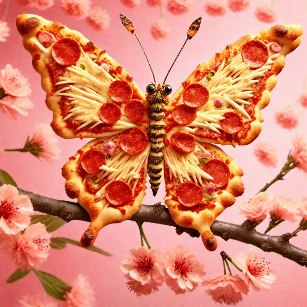 <lora:Pizza_World_Morph_SDXL:1> pizzasdxl,  A butterfly landing on a blooming cherry branch