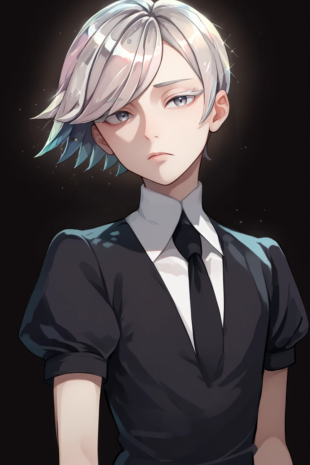 score_9, score_8_up, score_7_up, source_anime, close-up, looking at viewer, expressionless, hskgst, white skin, crystal hair, short hair, swept bangs, grey hair, grey eyes, colored eyelashes, black shirt, puffy short sleeves, collared shirt, black necktie, dark background, <lora:Hoseki_HousekiNoKuni_Goshenite_PDXL_v1:1>