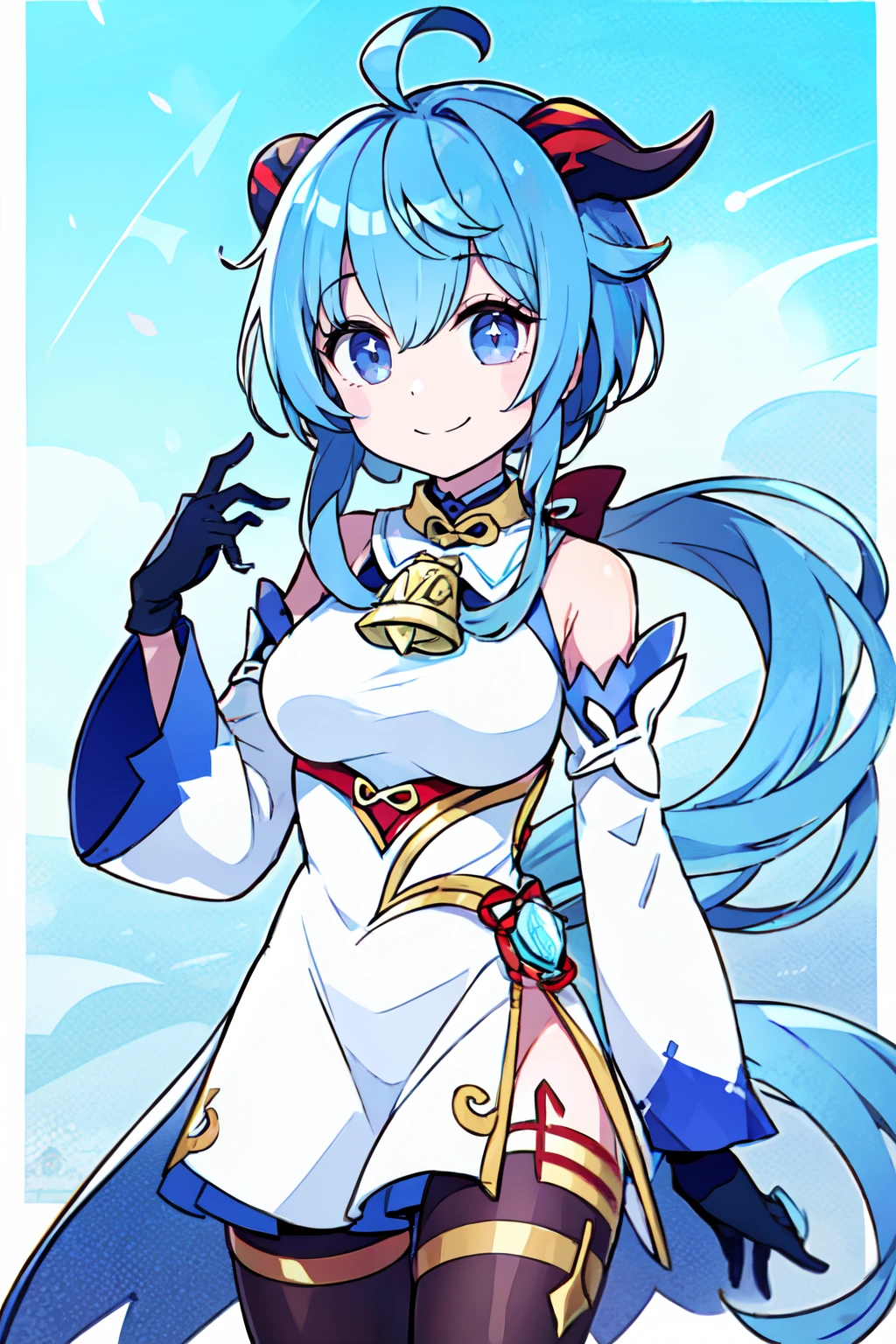 ((masterpiece,best quality)), absurdres, <lora:Chon33v_Style:0.8>, BREAK, , BREAK, <lora:ganyu_v1:0.7>, aaganyu, blue hair, long hair, low ponytail, ahoge, horns, bare shoulders, neck bell, bodystocking, white dress, gold trim, flower knot, detached sleeves, black gloves, pelvic curtain, thighlet, pantyhose,, BREAK, solo, smile, looking at viewer, cowboy shot,