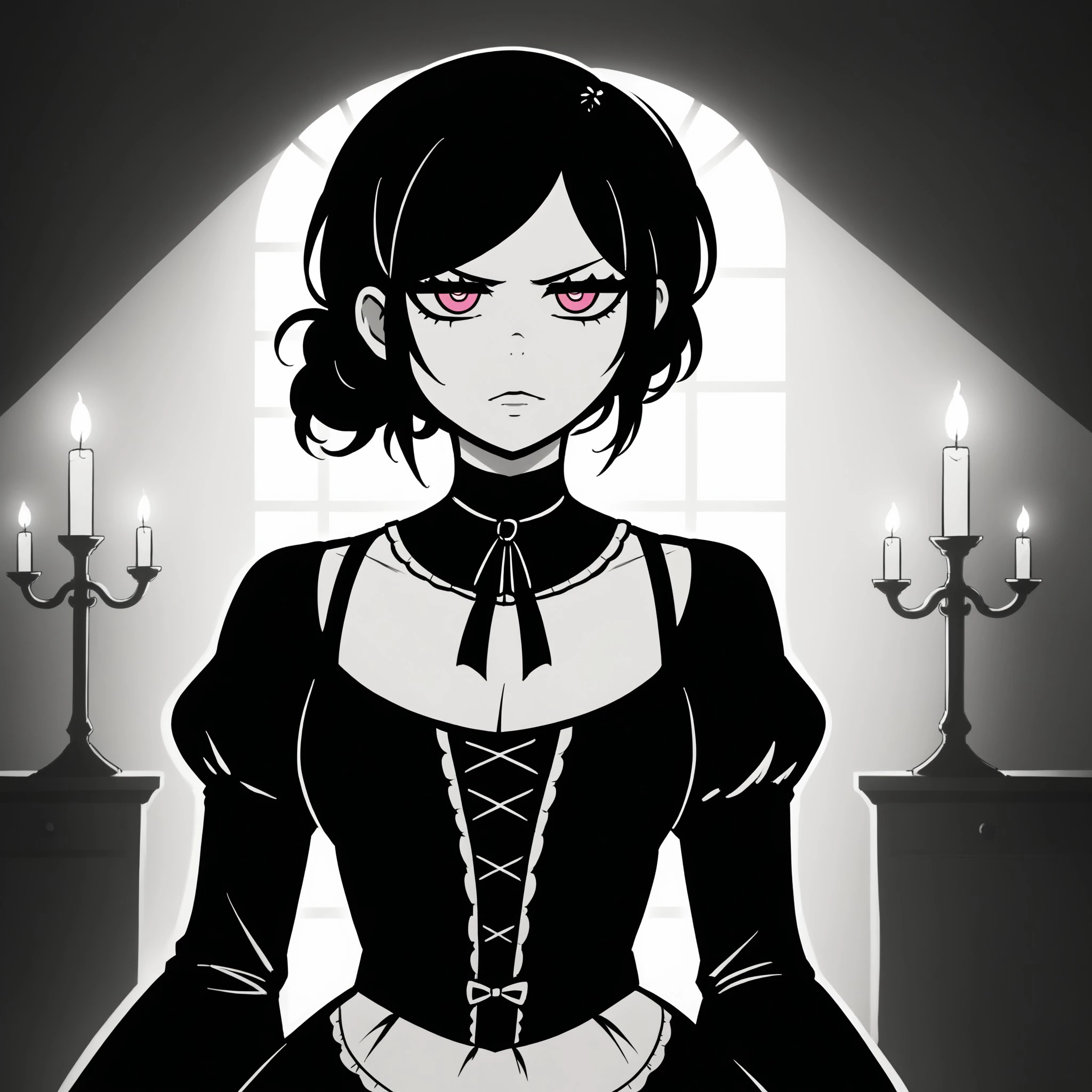 masterpiece, best quality, illustration, intricate details, 1girl, Ashley, monochrome, pink eyes, black hair, standing in a dark, gothic room with dim candlelight, wearing a victorian-inspired dress, serious and intense expression, dramatic lighting, atmospheric, <lora:c436d36d-fd91-49d0-93d6-2c06ae5ade6d:0.7>