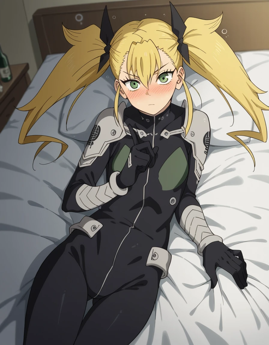 score_9, score_8_up, score_7_up, score_6_up, score_5_up, score_4_up, source_anime, anime screencap, anime coloring, kikoru, 1girl, blonde hair, twintails, green eyes, hair ribbon, black ribbon, bangs, bodysuit, armor, upper body, smile, room, bed, indoors, blush, grab breasts, holding breasts, cleavage,