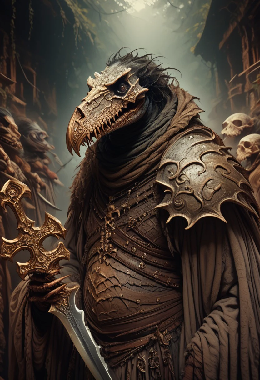 score_9, score_8_up, score_7_up, a chunky skeksis wearing a bone mask and bone armor holding swords