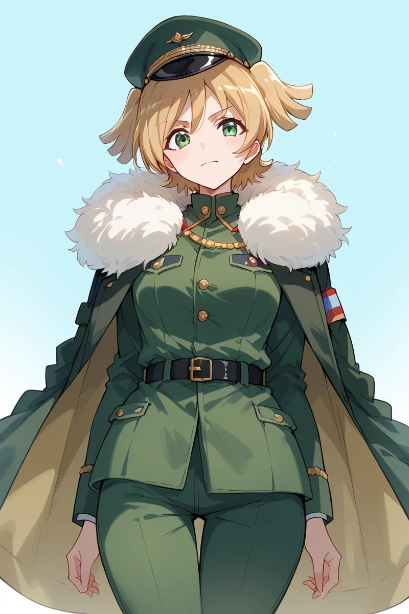 score_9, score_8_up, score_7_up, score_6_up, 1girl,
 <lora:Nana_Daiba:0.9> nana, green eyes, blonde hair, solo, green headwear, hat, fur trim, belt, short hair, military uniform, solo, uniform, military uniform, green pants, military, looking at viewer, belt, military hat, fur trim, jacket, offended,