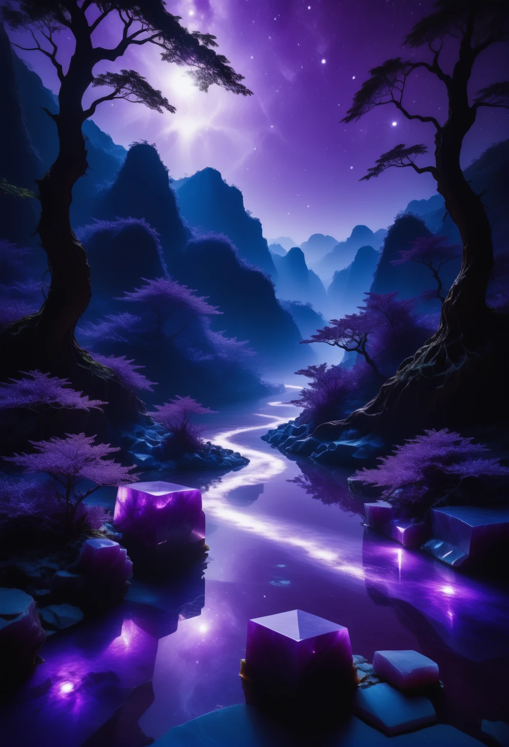 a river made out of reij-prplmnjd <lora:purplemoonjade-000004:1> in a mystery wood,, surrounded by stardust