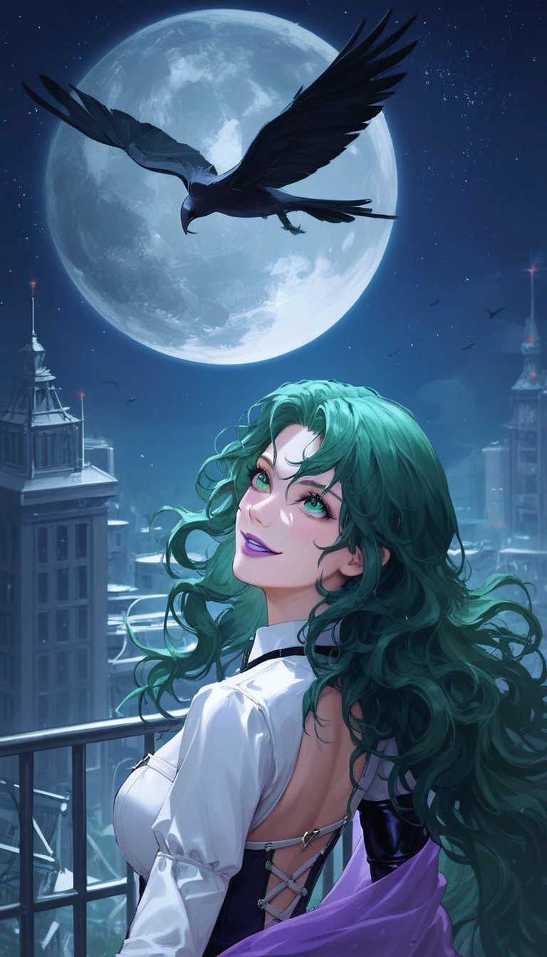 (masterpiece), (score_9, score_8_up, score_7_up), (Detailed anime), best quality, smile, (Close up from the side, upper body, standing on rooftop), (One Single crow flying by), looking up at the moon, stars, night sky, (Perfect eyes)), perfect face, RavenPtn, Green eyes, Very long hair, Green hair, Parted bangs, Wavy hair, Purple lips, Long fitted corset blouse, Bodysuit leggings, (Purple Shawl), Single elbow glove, Asymmetrical arms, 