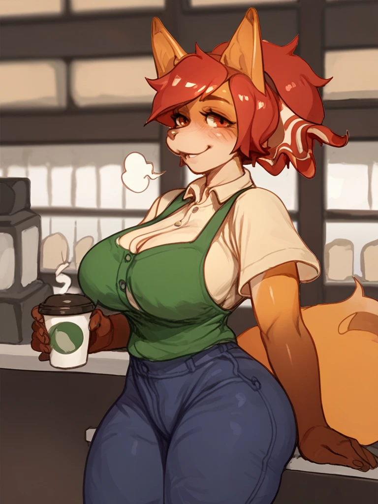 score_9, score_8_up, score_7_up, score_6_up, score_5_up, score_4_up,  1girl, (miqo'te:1.1), half closed eyes, blush, short hair, brown hair, solo, milking self, coffee mug, (milking into mug), ((one breast out)), indoor, blurry background, pouring breasts milk, leaning forward, (flowing into mug), (breast squeeze), hand on one breast, looking at viewer, green visor cap, standing, brown pants, smile, table, (coffee shop), large breasts, unbuttoned, white shirt, green apron, pov, smirk