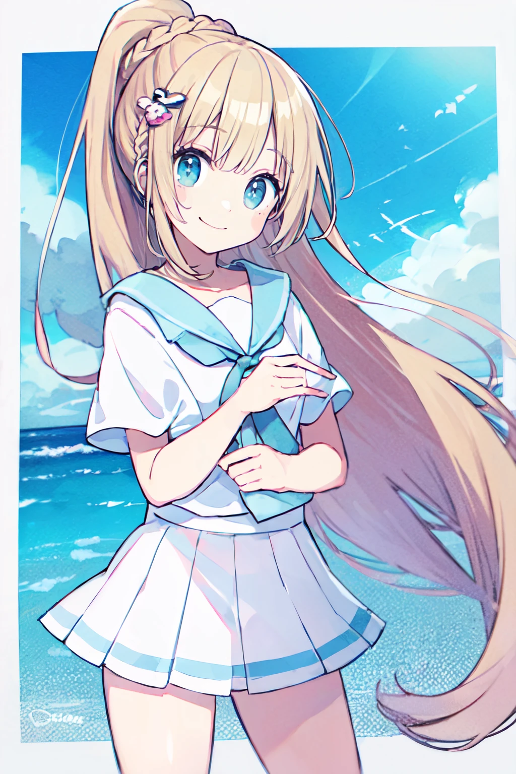 ((masterpiece,best quality)), absurdres,  <lora:Chon33v_Style:0.8>, BREAK, , BREAK, <lora:LilliePokemon_SD:0.8>, zzlillie, long hair, ponytail, French braid, white shirt, short sleeves, white skirt, pleated skirt,, BREAK, solo, smile, looking at viewer, cowboy shot,