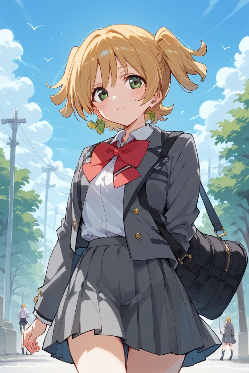 score_9, score_8_up, score_7_up, score_6_up, 1girl,
 <lora:Nana_Daiba:0.9> nana, green eyes, blonde hair, gray skirt, gray jacket, school uniform,