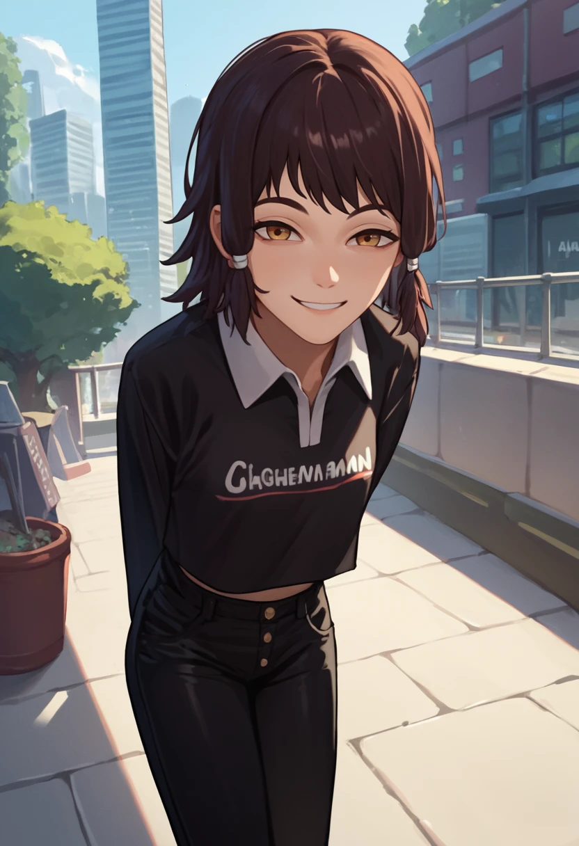 score_9, score_8_up, score_7_up, source_anime, solo, 1girl, mifune fumiko, smile, looking at viewer, standing, arms behind back, leaning forward, hair tubes, black shirt, collared shirt, cropped shirt, clothes writing, long sleeves, black pants, outdoors, city street <lora:csm_mifune_ponyXL:1>