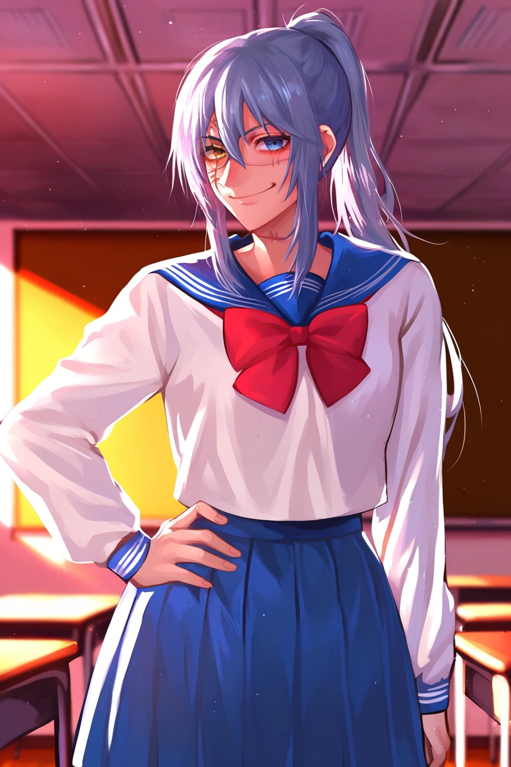 score_9, score_8_up, score_7_up, source_anime, highly detailed, novel illustration, wallpaper, beautiful details, mahito, 1girl, genderswap (mtf), long hair, ponytail, heterochromia, stitches, scar, patchwork skin, smile, looking at viewer, standing, school uniform, skirt, hand on hip, school classroom,