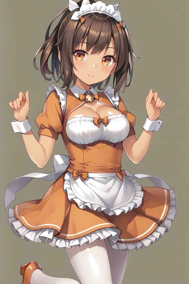 big_breasts,,blushing,,_face,,,,sayo,school_uniform,wavy_hair,
,bow, orange bow, ribbon, bell, neck bell, hair ribbon, maid headdress, maid, frills, clothing cutout, cleavage cutout, short sleeves, puffy sleeves, wrist cuffs, puffy short sleeves, apron, waist apron, frilled apron, pantyhose, white pantyhose, white legwear, shoes, high heels, orange footwear,shioi,oreange dress,tan_body<lora:EMS-423640-EMS:0.800000>, <lora:EMS-403225-EMS:0.800000>