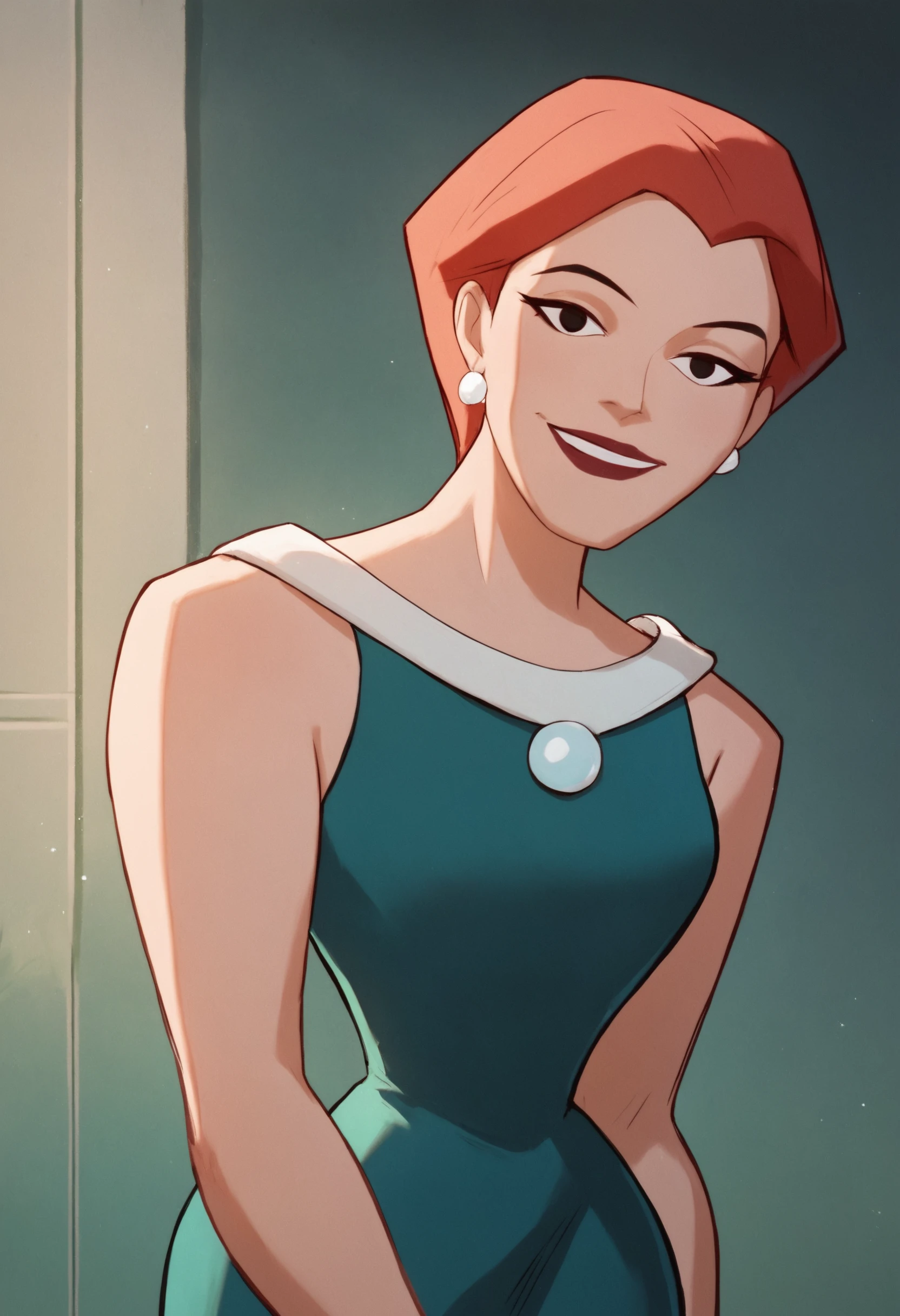 <lora:MaryMcGinnisBatmanBPony1.0:1> marymcginnis, 1girl, short hair, solo, red hair, jewelry, earrings, green dress, lipstick,smile, score_9, score_8_up, score_7_up, score_6_up, score_5_up, score_4_up, looking at viewer, cowboy shot,