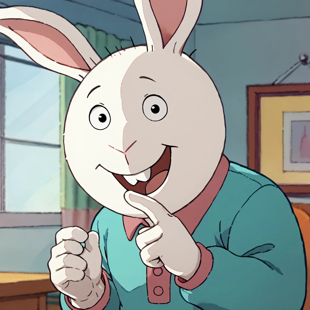 score_9, score_8_up, score_7_up BREAK BusterBax, 1boy, anthro bunny, white fur, white body, black eyes, buckteeth, pink-collared cyan long-sleeved polo shirt, jeans, red white shoes, smiling at viewer,